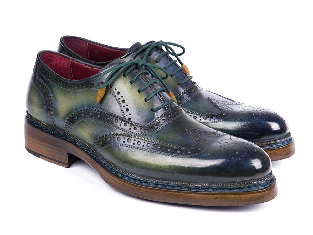 Paul Parkman Triple Leather Sole Wingtip Brogues Green & Blue (ID