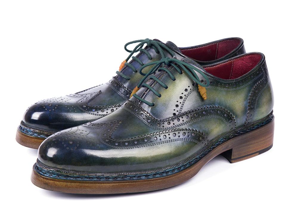 Paul Parkman Triple Leather Sole Wingtip Brogues Green & Blue (ID