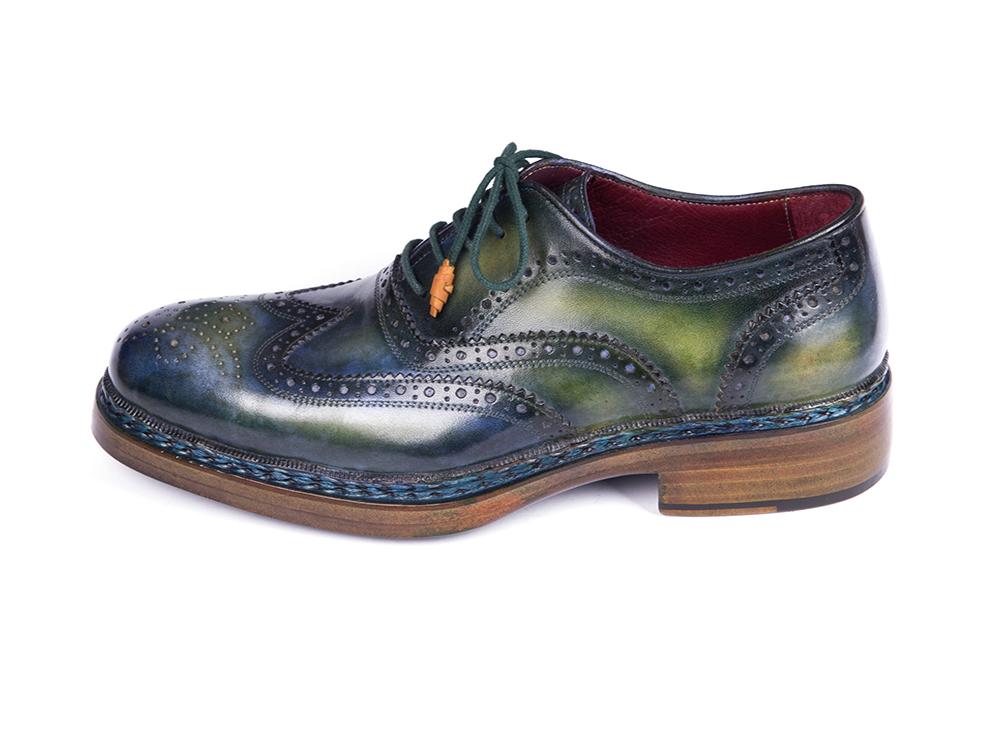 Paul Parkman Triple Leather Sole Wingtip Brogues Green & Blue (ID