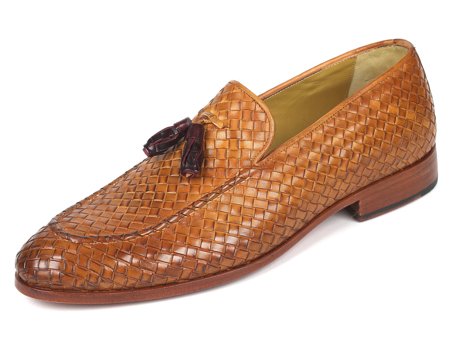 Paul Parkman Woven Leather Tassel Loafers Camel Colour (ID
