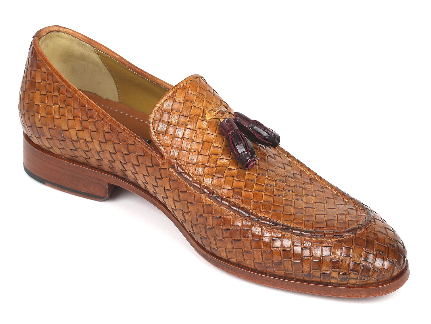 Paul Parkman Woven Leather Tassel Loafers Camel Colour (ID