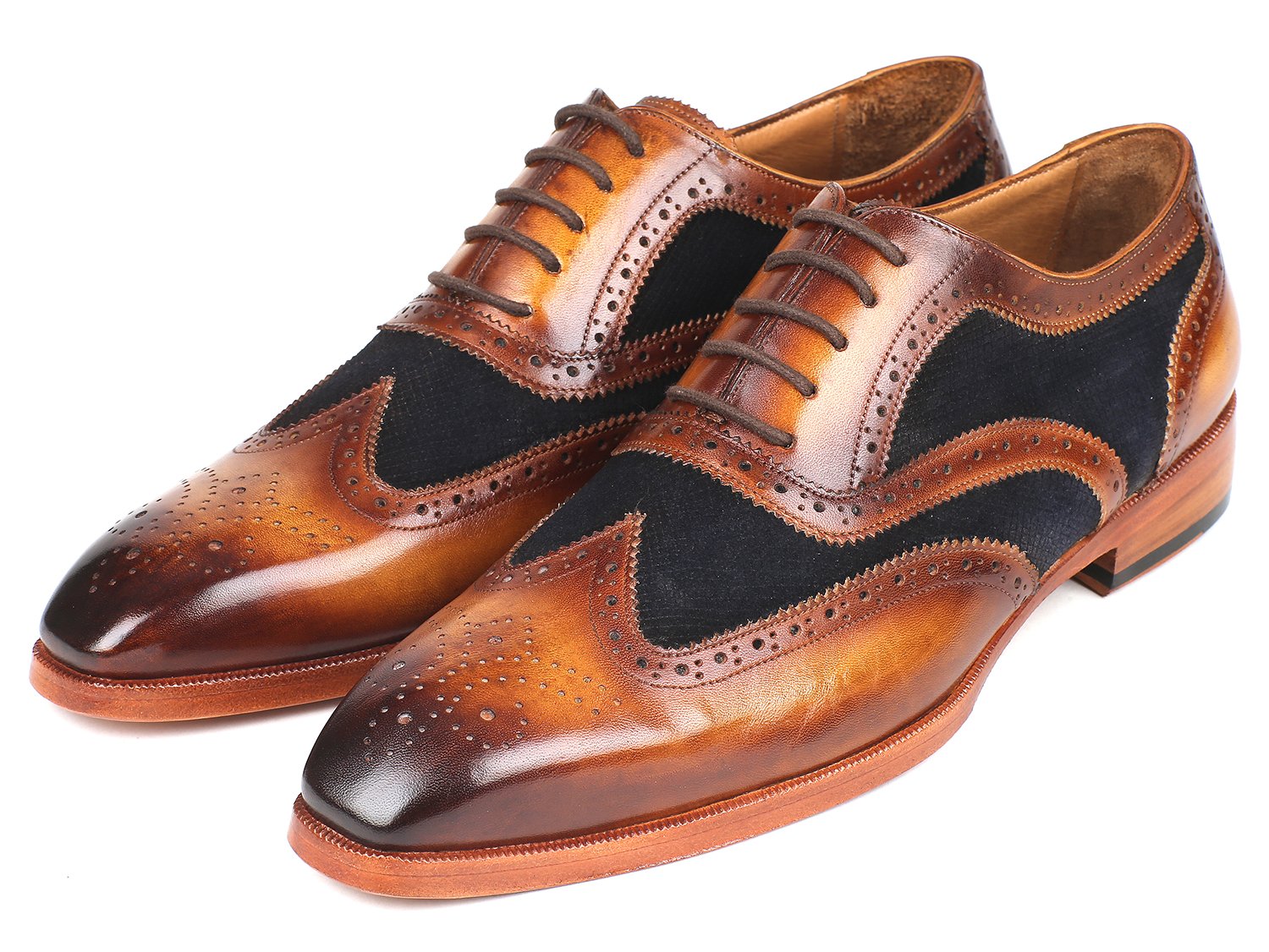Paul Parkman Brown Leather & Navy Suede Wingtip Oxfords (ID