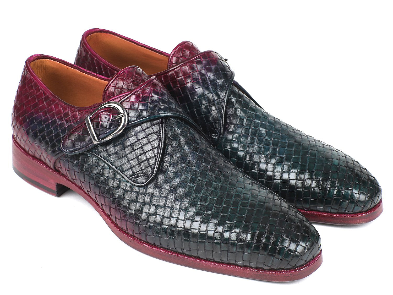 Paul Parkman Purple & Green Woven Leather Single Monkstraps (ID