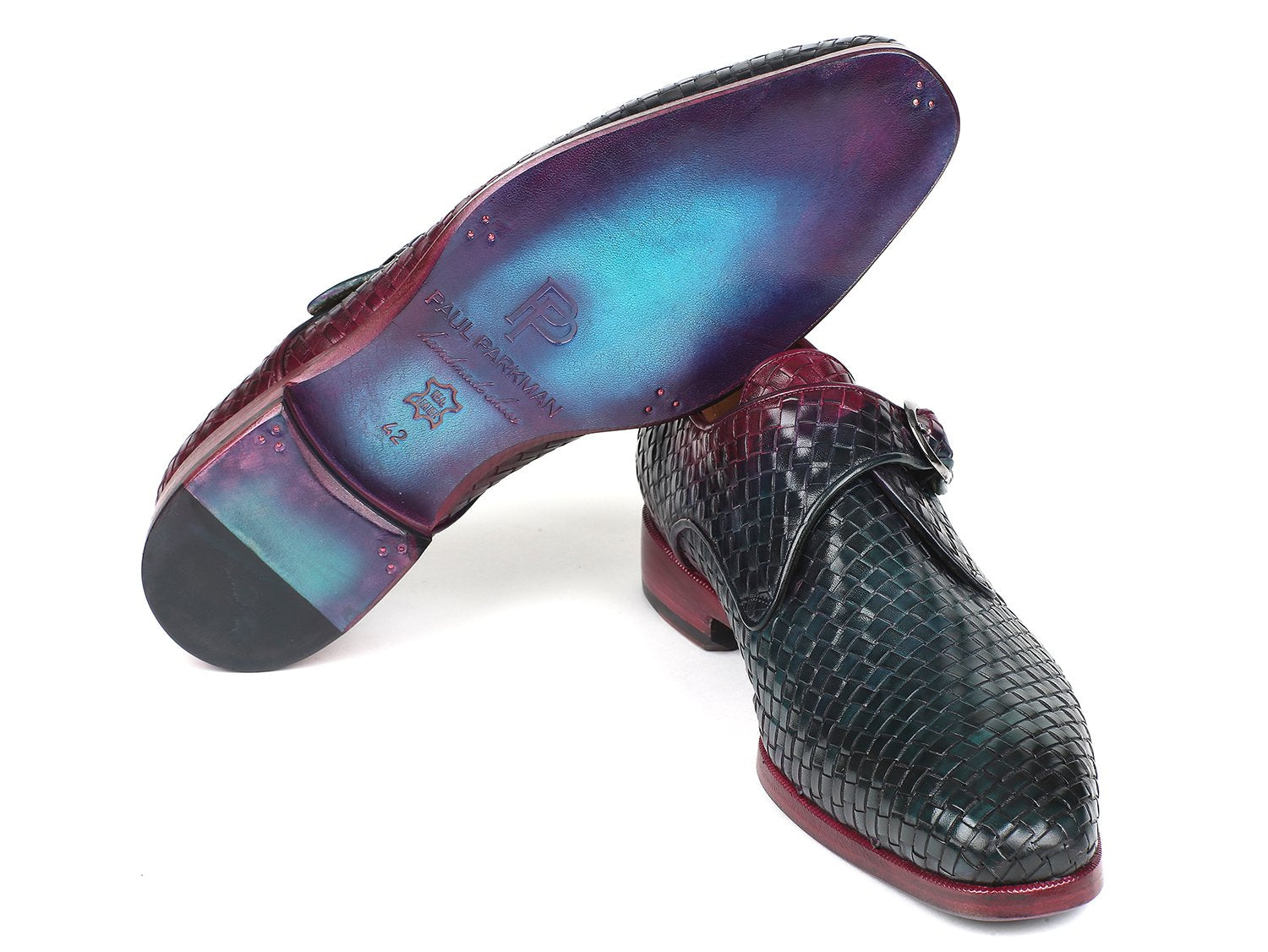 Paul Parkman Purple & Green Woven Leather Single Monkstraps (ID