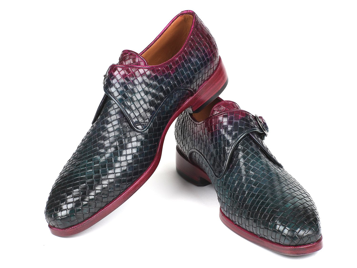 Paul Parkman Purple & Green Woven Leather Single Monkstraps (ID