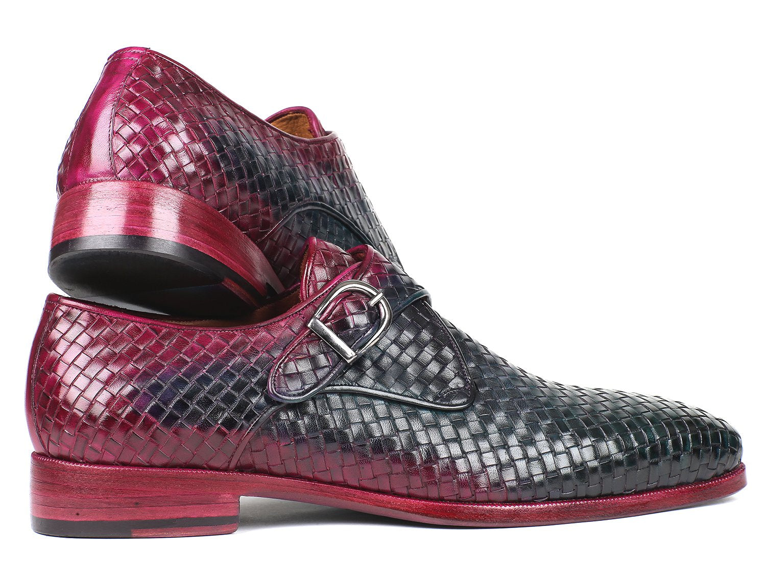 Paul Parkman Purple & Green Woven Leather Single Monkstraps (ID