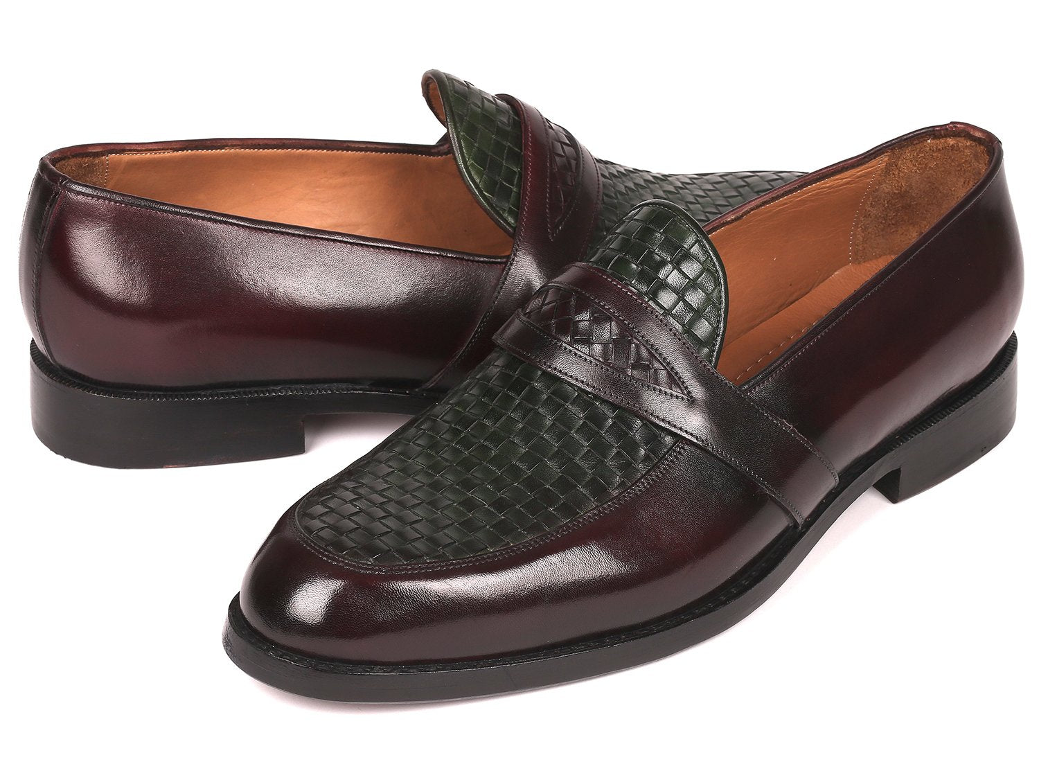Paul Parkman Woven Leather Loafers Brown & Green (ID
