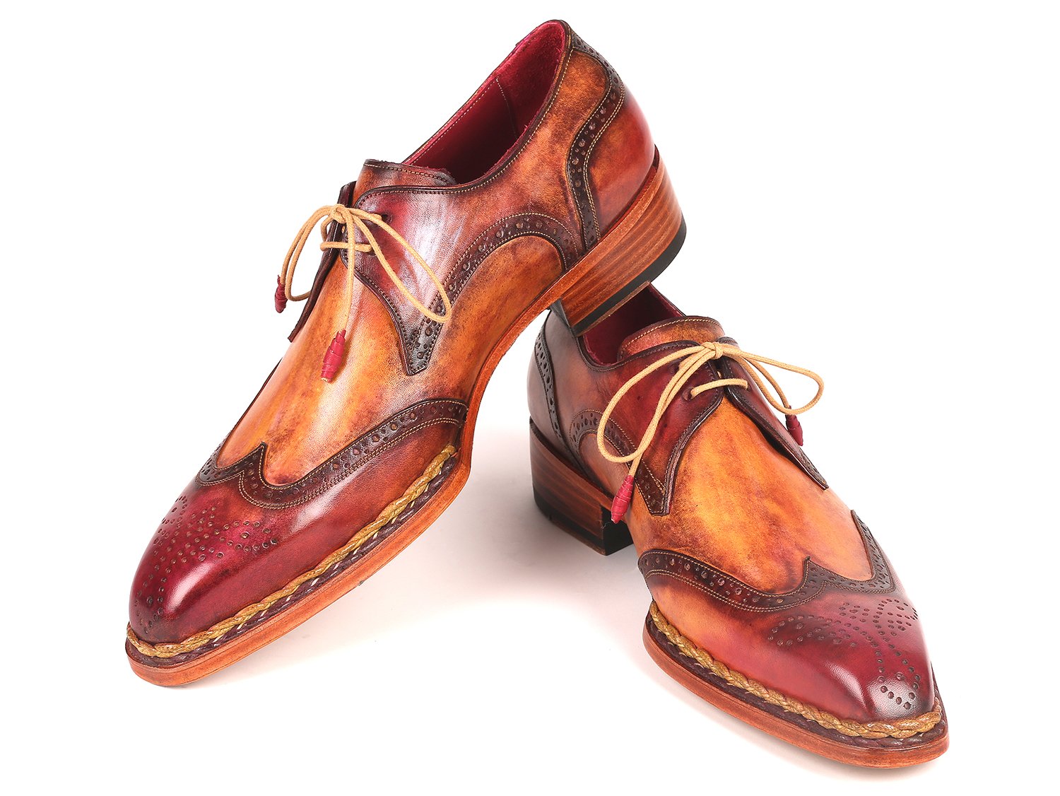 Paul Parkman Norwegian Welted Wingtip Derby Shoes Red & Camel (ID