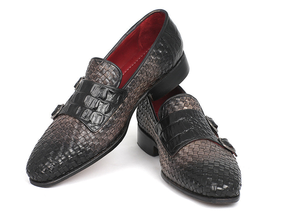 Paul Parkman Gray Woven & Croc Embossed Monkstraps (ID