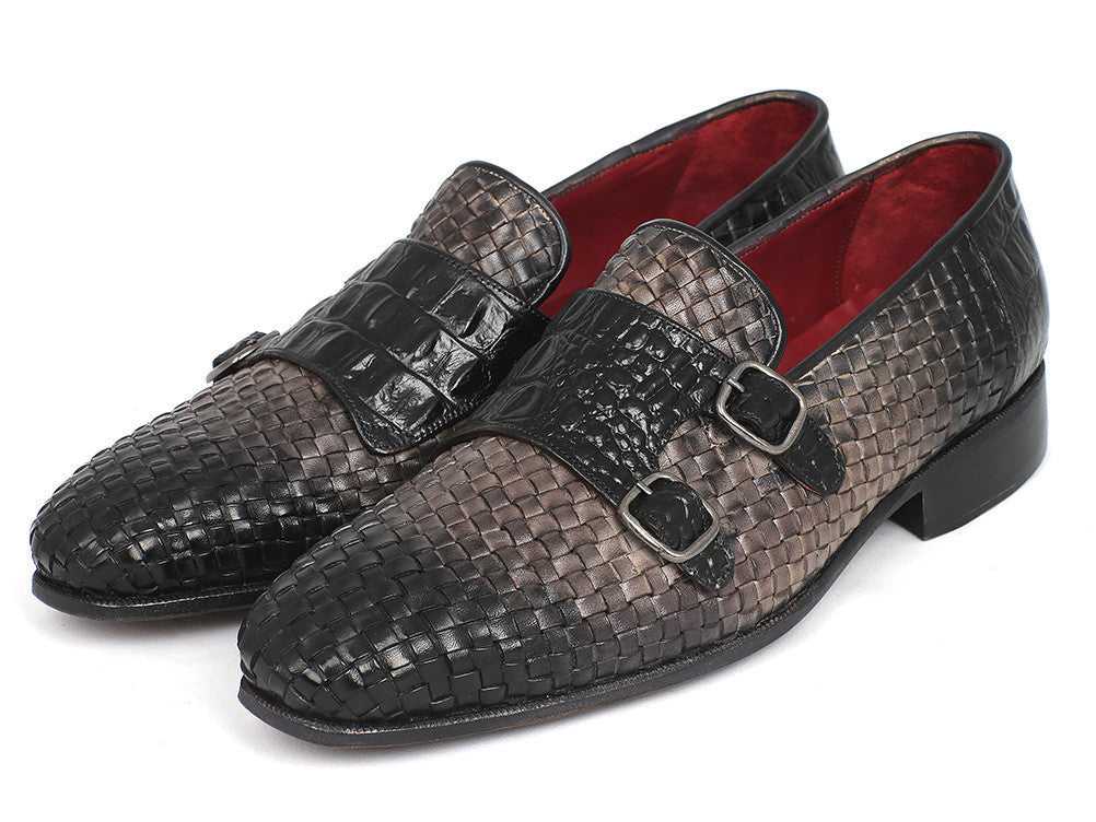 Paul Parkman Gray Woven & Croc Embossed Monkstraps (ID