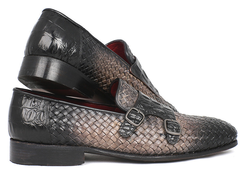 Paul Parkman Gray Woven & Croc Embossed Monkstraps (ID