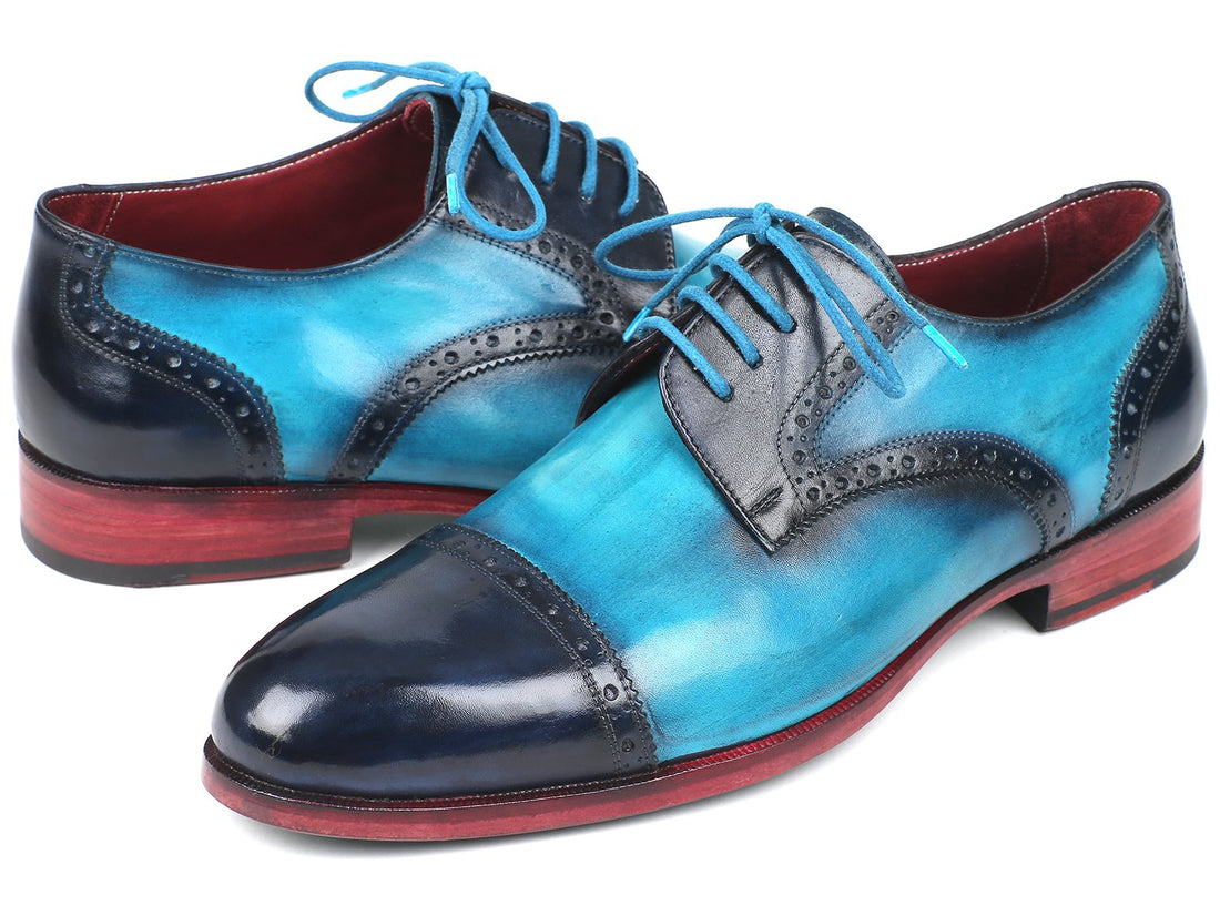Paul Parkman Two Tone Cap-Toe Derby Shoes Blue & Turquoise (ID