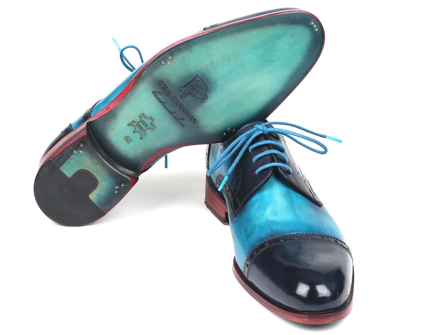 Paul Parkman Two Tone Cap-Toe Derby Shoes Blue & Turquoise (ID