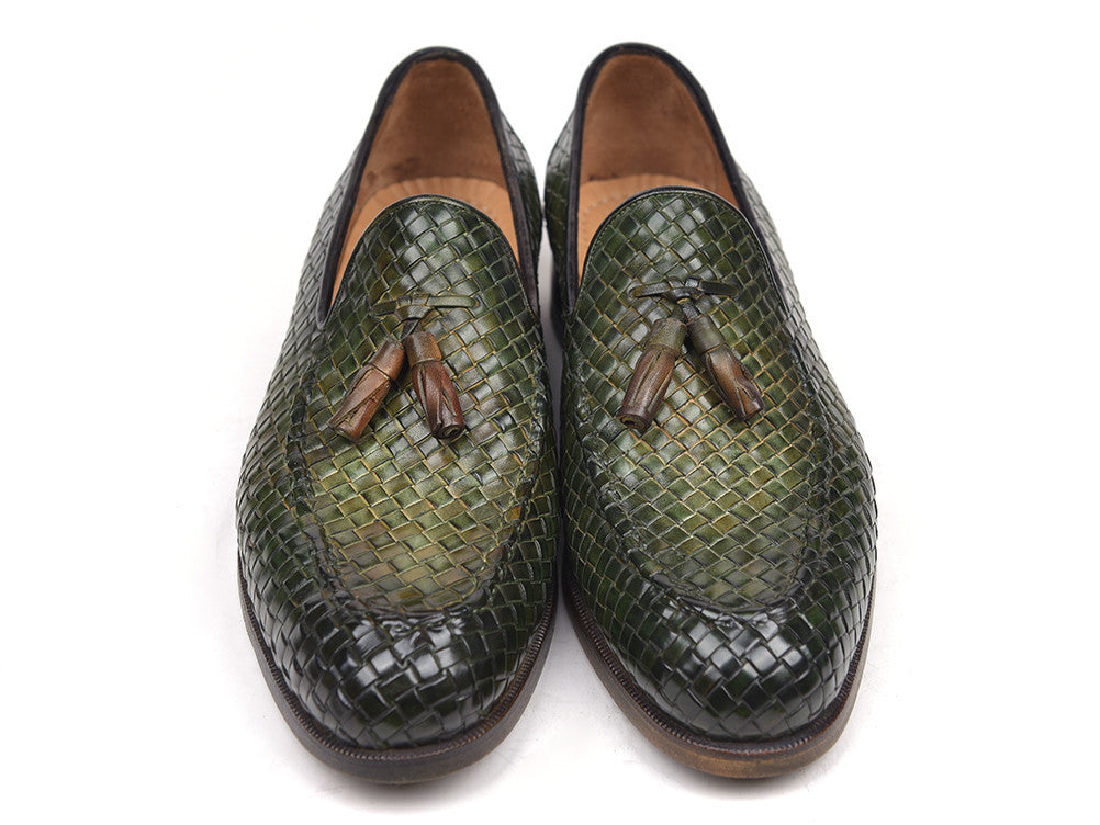 Paul Parkman Woven Leather Tassel Loafers Green (ID