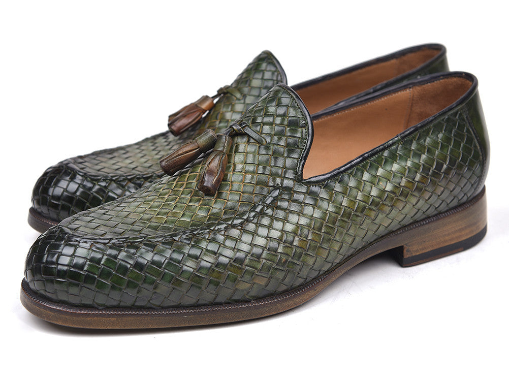 Paul Parkman Woven Leather Tassel Loafers Green (ID