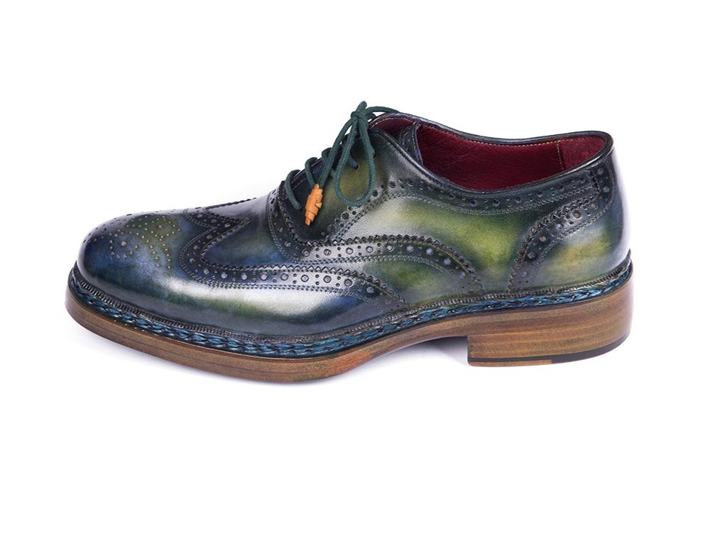 Paul Parkman Triple Leather Sole Wingtip Brogues Green &amp; Blue (ID