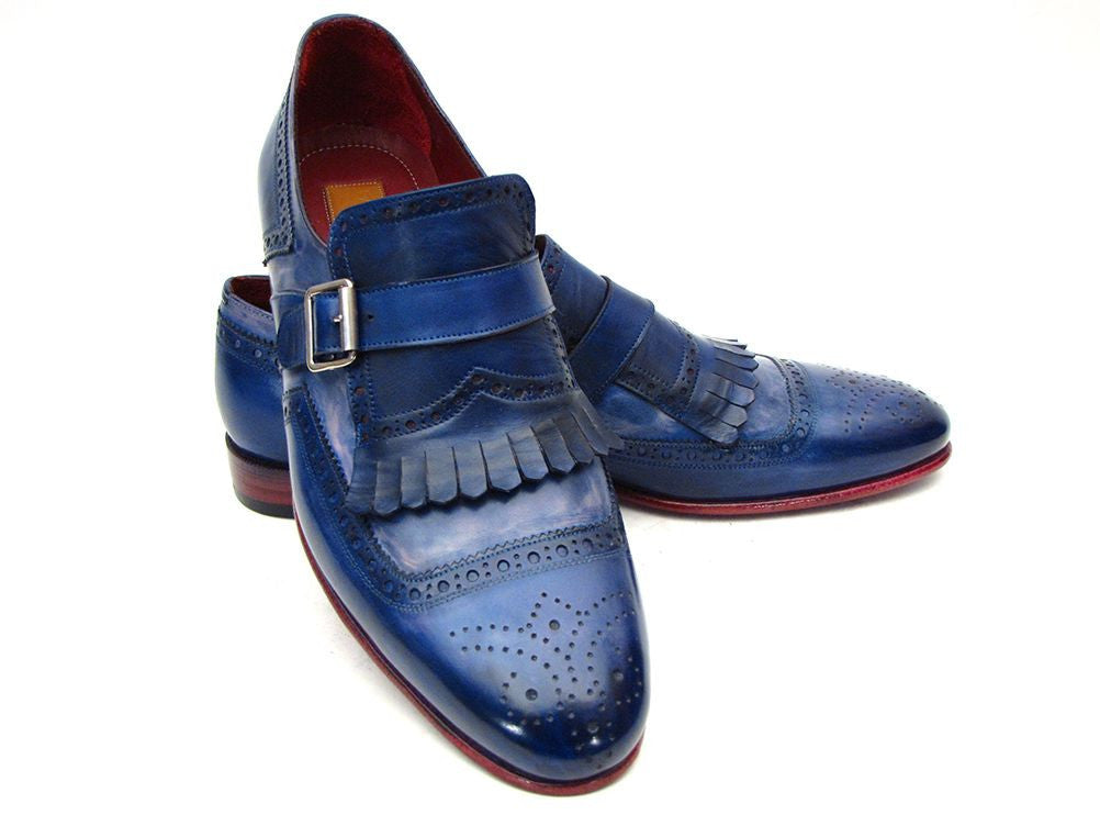 Paul Parkman Kiltie Monkstrap Shoes Dual Tone Blue Leather (ID