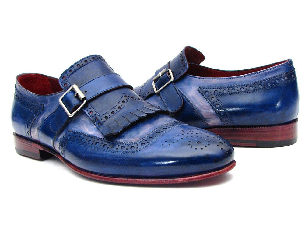 Paul Parkman Kiltie Monkstrap Shoes Dual Tone Blue Leather (ID