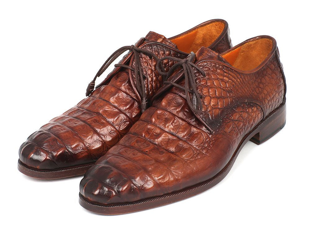 Paul Parkman Light Brown Crocodile Embossed Calfskin Derby Shoes (ID