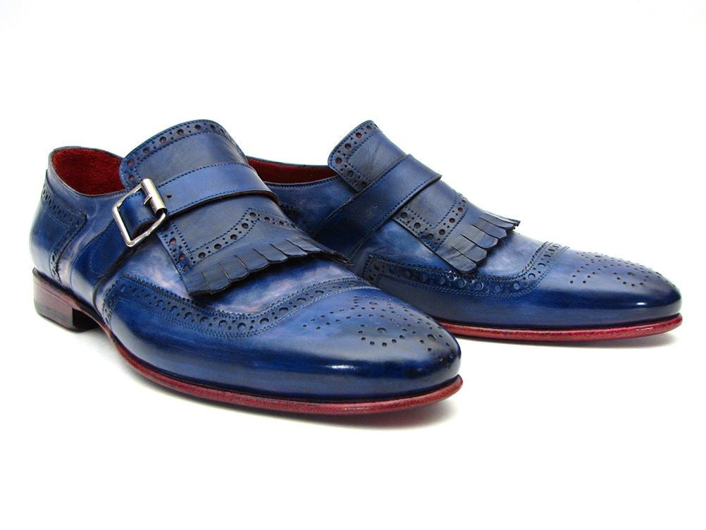 Paul Parkman Kiltie Monkstrap Shoes Dual Tone Blue Leather (ID