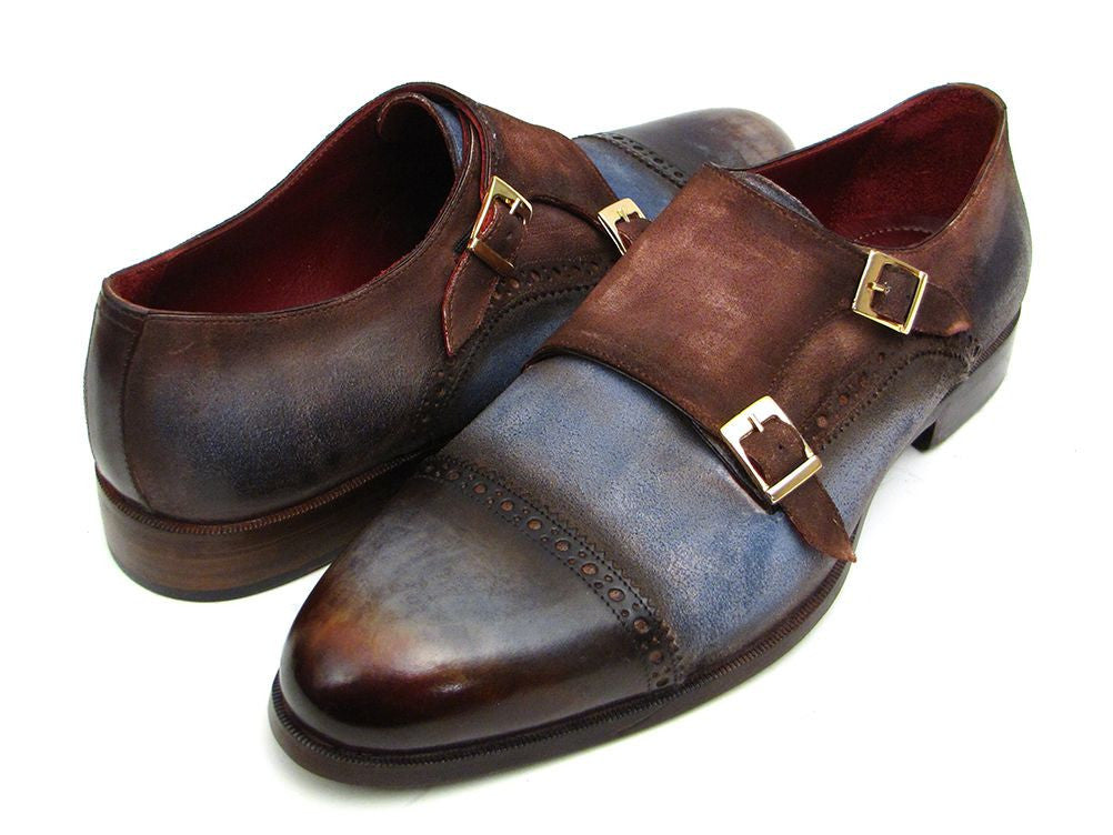 Paul Parkman Captoe Double Monkstrap Antique Blue &amp; Brown Suede (ID