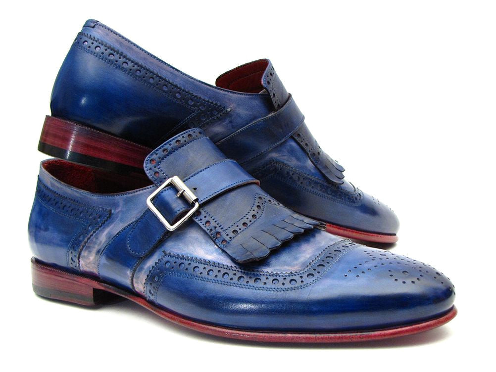 Paul Parkman Kiltie Monkstrap Shoes Dual Tone Blue Leather (ID