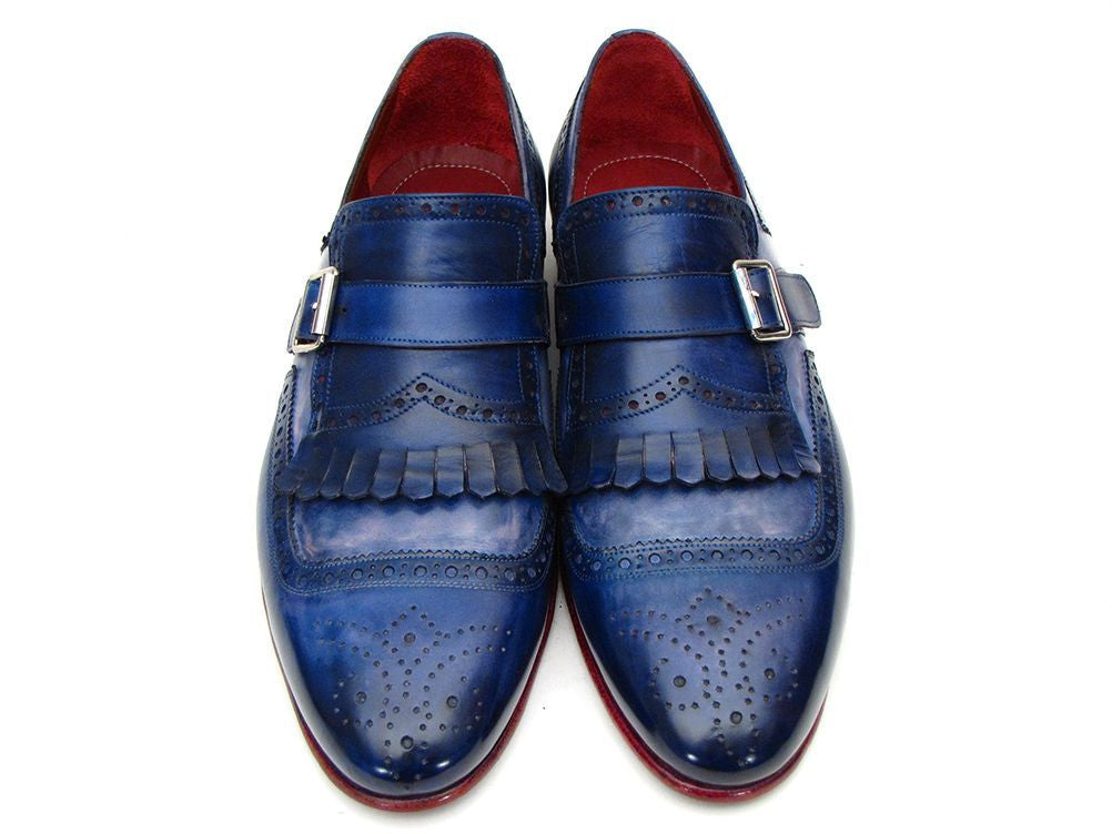 Paul Parkman Kiltie Monkstrap Shoes Dual Tone Blue Leather (ID