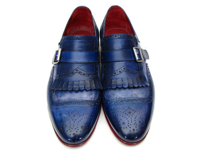 Paul Parkman Kiltie Monkstrap Shoes Dual Tone Blue Leather (ID