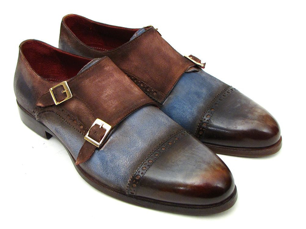 Paul Parkman Captoe Double Monkstrap Antique Blue &amp; Brown Suede (ID