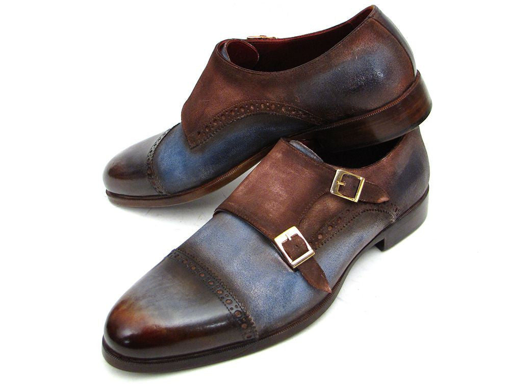 Paul Parkman Captoe Double Monkstrap Antique Blue &amp; Brown Suede (ID