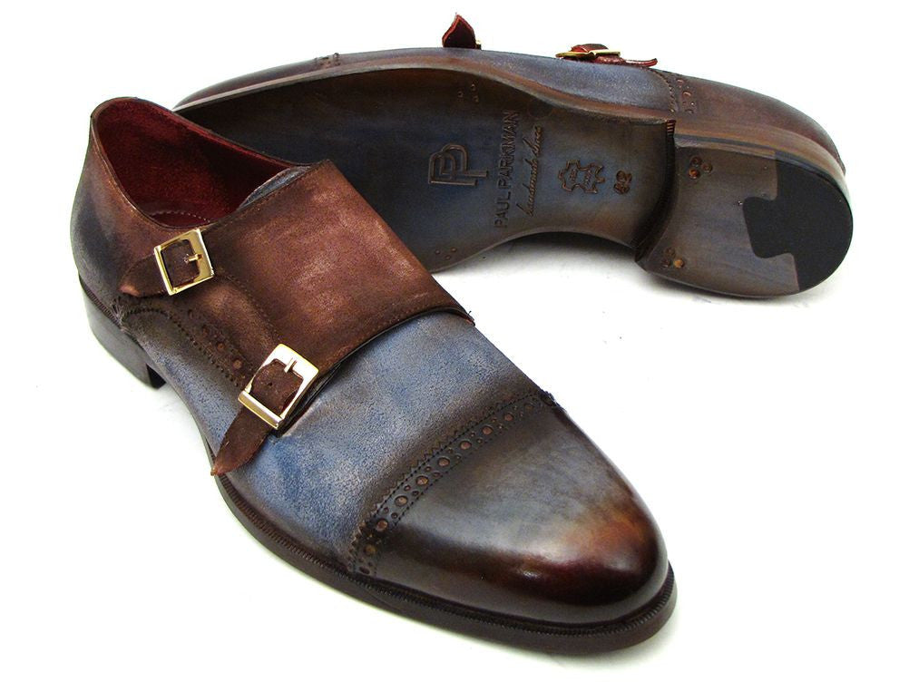 Paul Parkman Captoe Double Monkstrap Antique Blue &amp; Brown Suede (ID