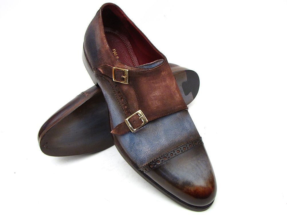 Paul Parkman Captoe Double Monkstrap Antique Blue &amp; Brown Suede (ID