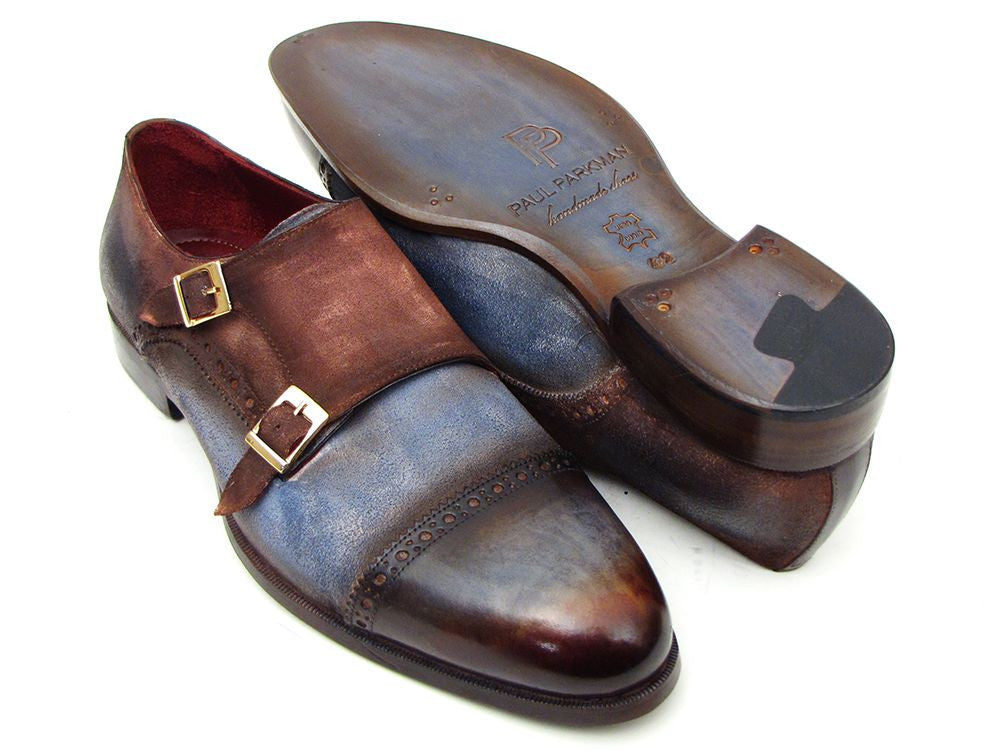 Paul Parkman Captoe Double Monkstrap Antique Blue &amp; Brown Suede (ID