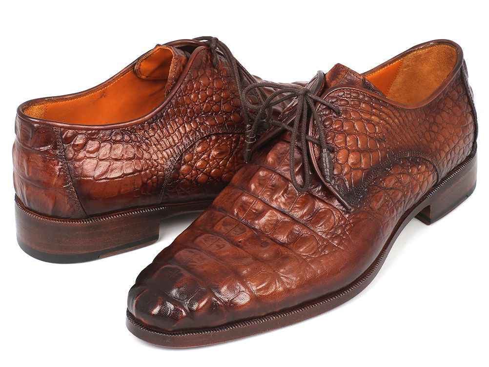 Paul Parkman Light Brown Crocodile Embossed Calfskin Derby Shoes (ID