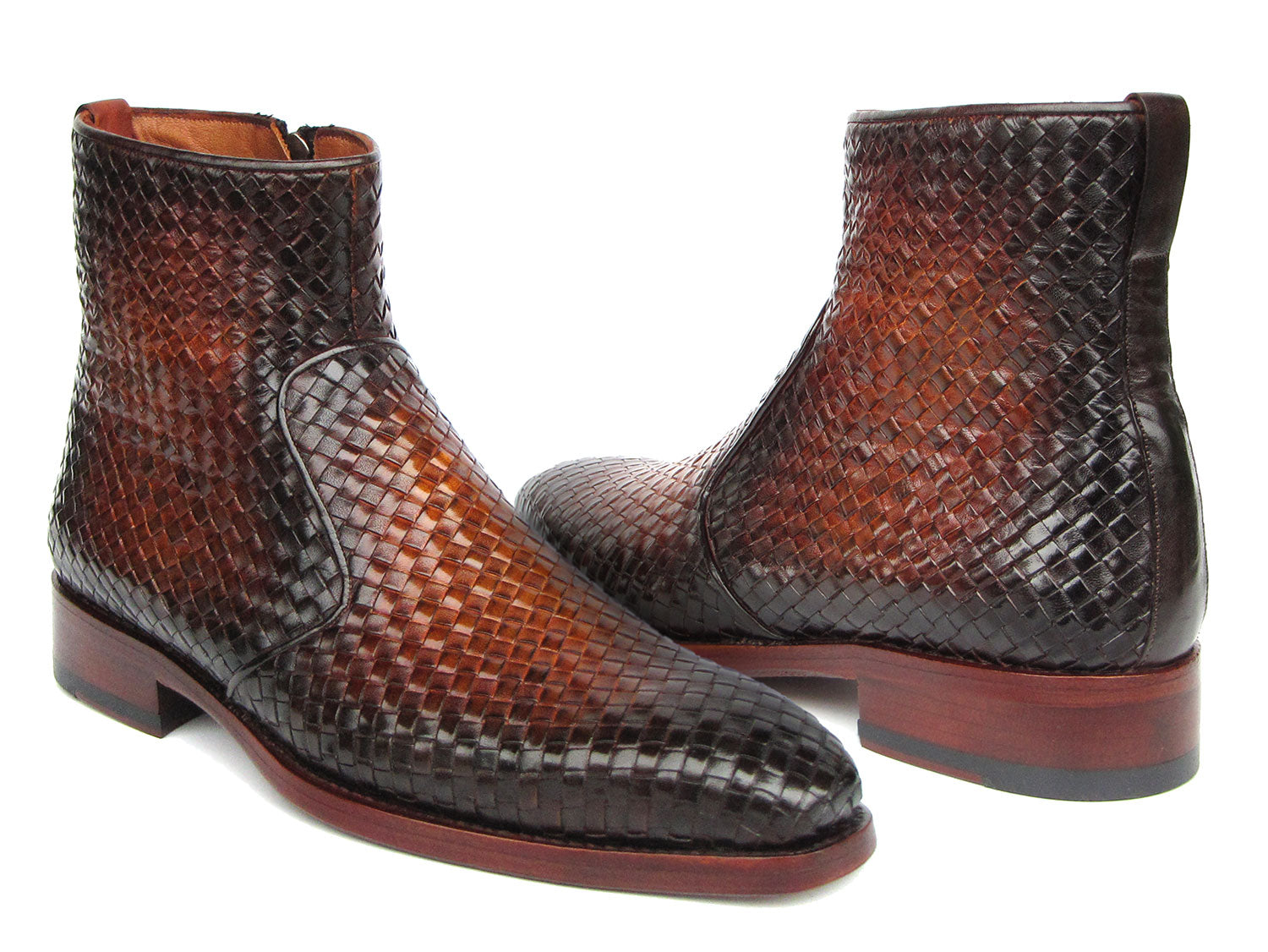 Paul Parkman Brown Burnished Woven Leather Zipper Boots (ID