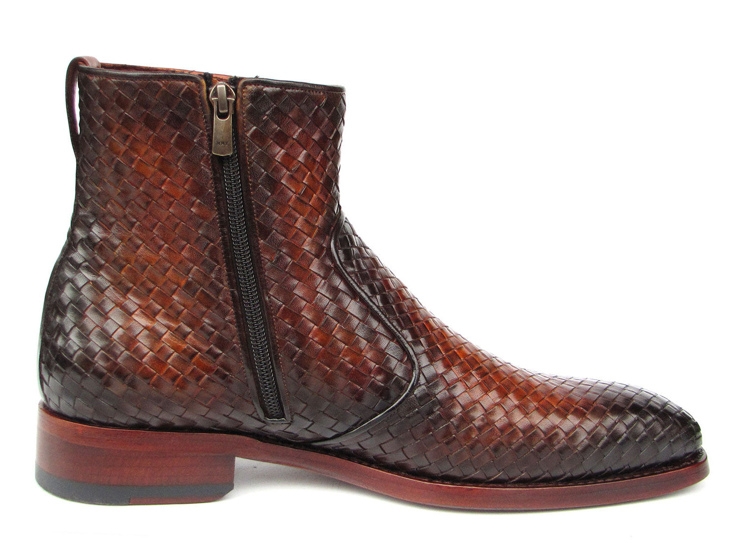 Paul Parkman Brown Burnished Woven Leather Zipper Boots (ID