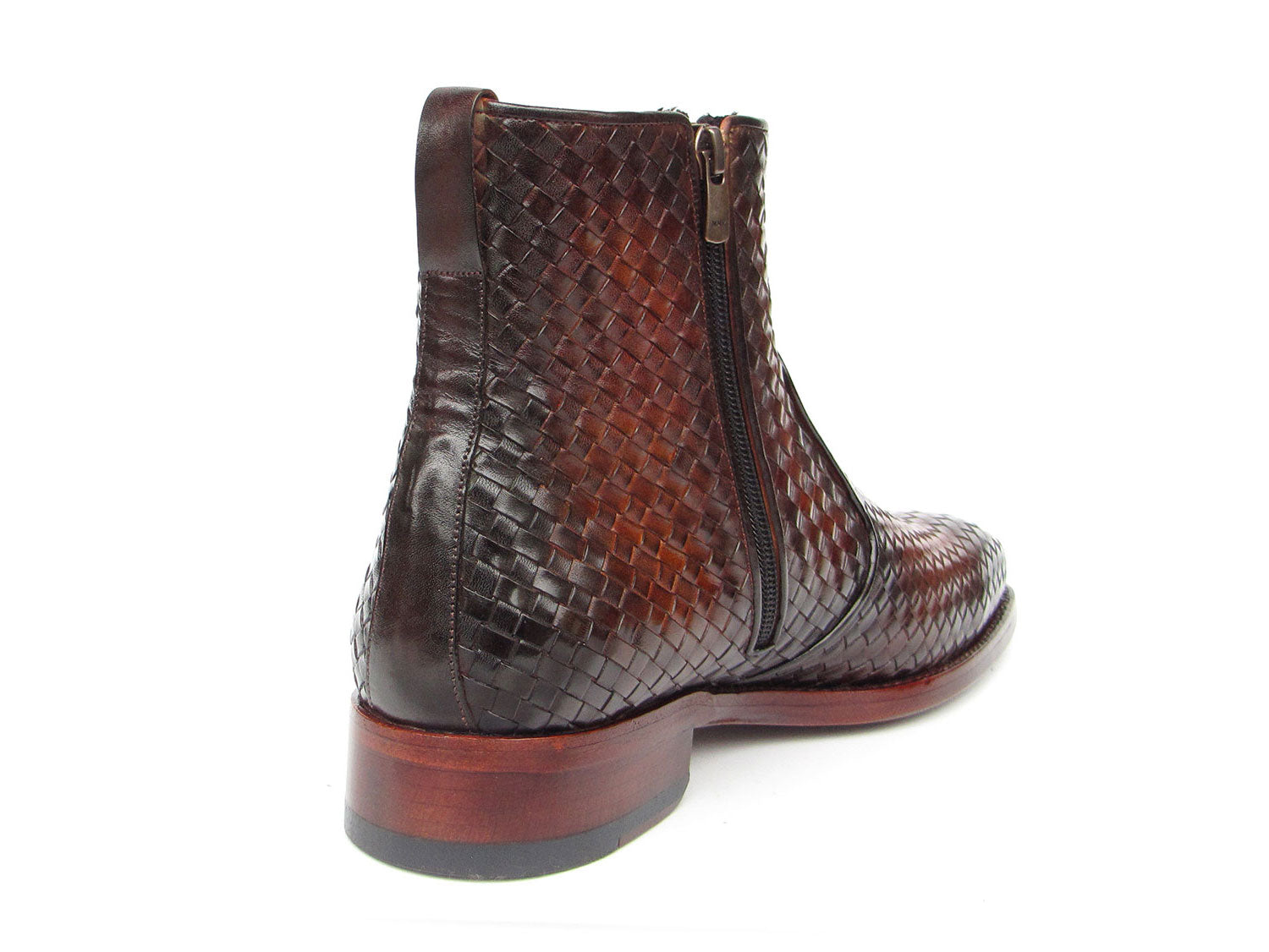 Paul Parkman Brown Burnished Woven Leather Zipper Boots (ID