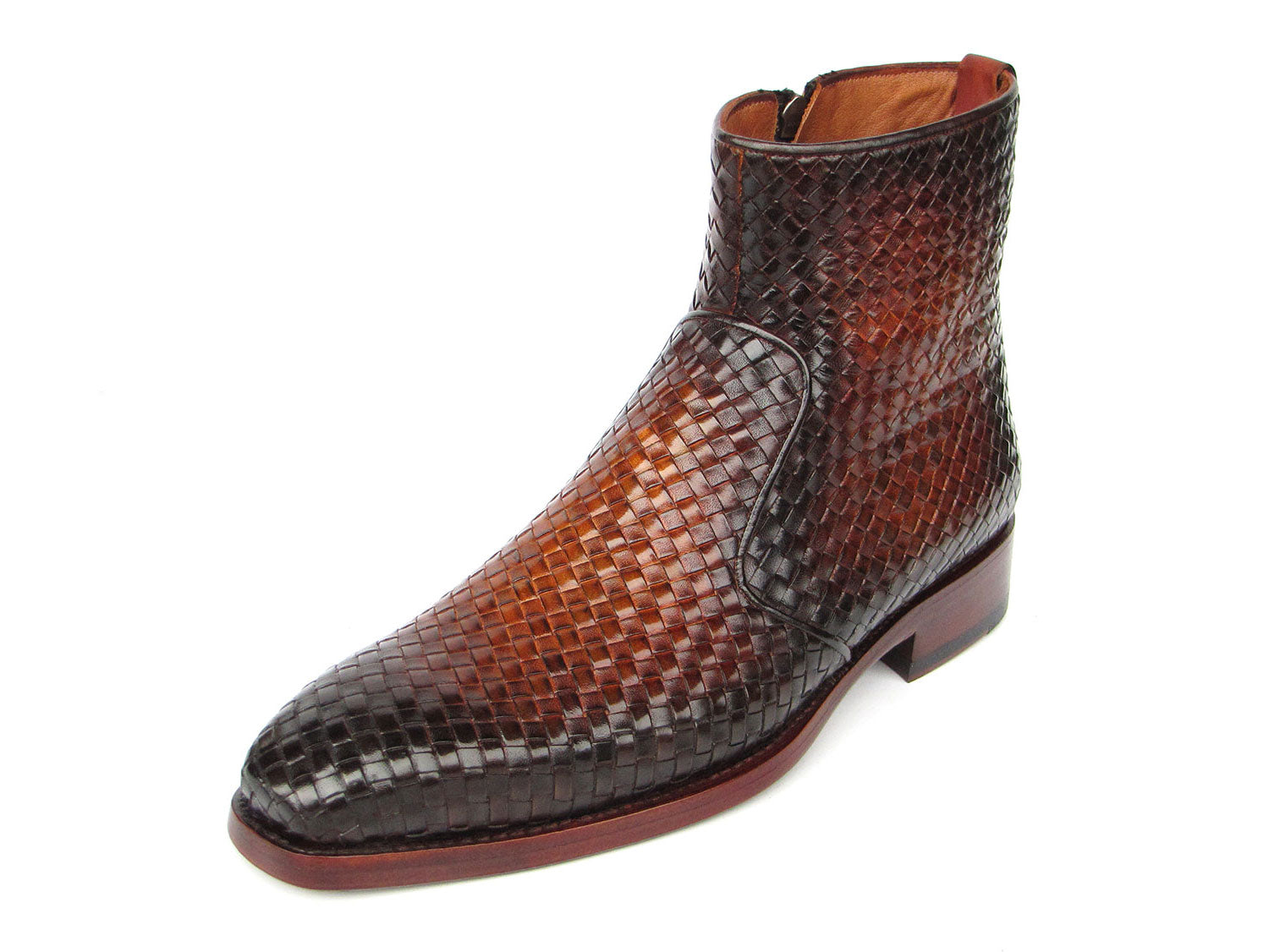 Paul Parkman Brown Burnished Woven Leather Zipper Boots (ID