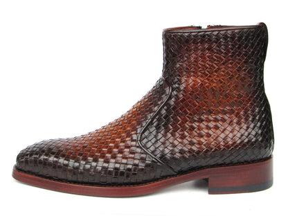 Paul Parkman Brown Burnished Woven Leather Zipper Boots (ID