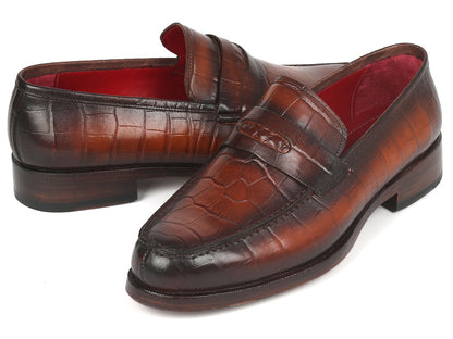 Paul Parkman Brown Crocodile Embossed Calfskin Penny Loafers (ID