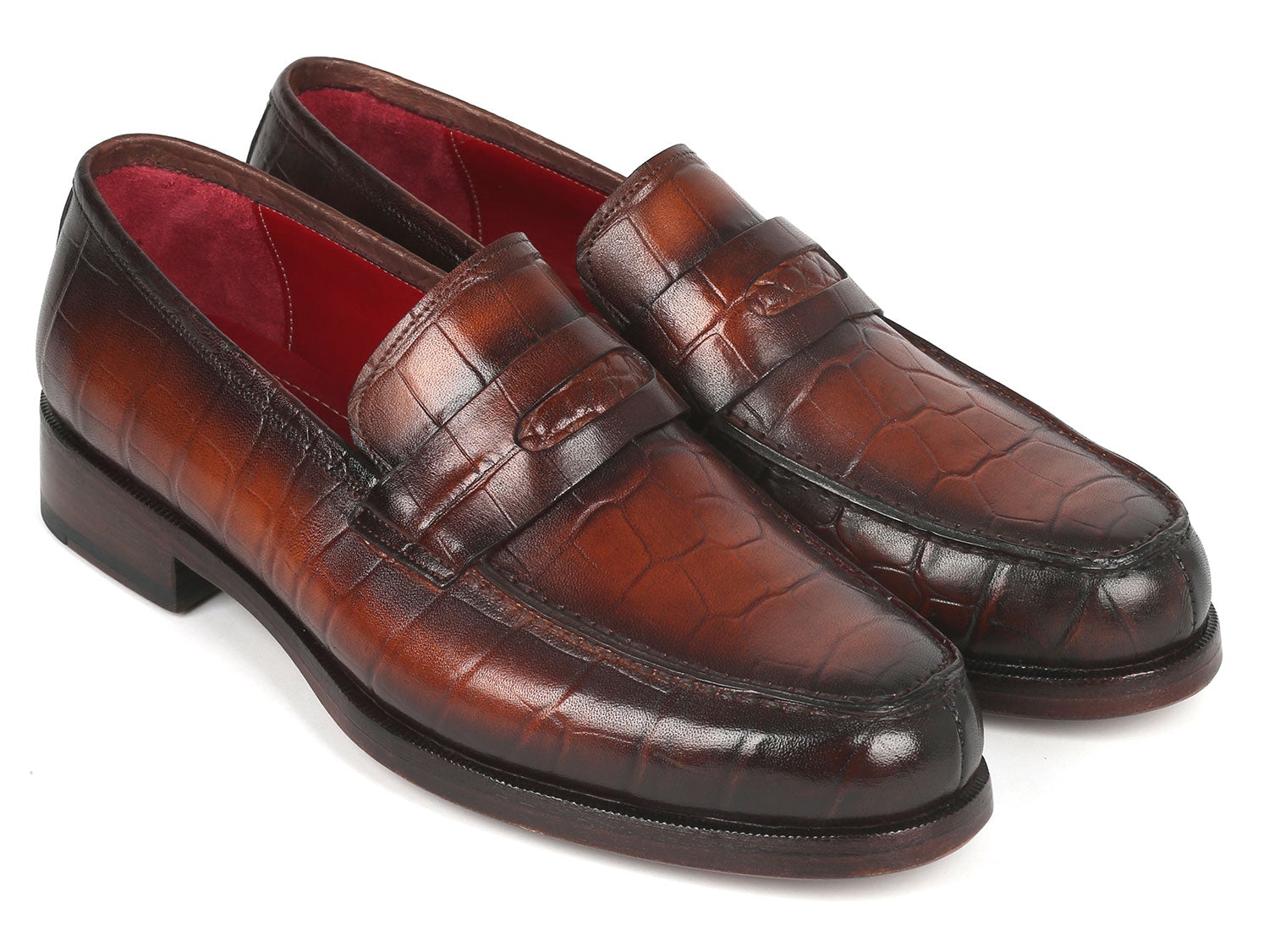 Paul Parkman Brown Crocodile Embossed Calfskin Penny Loafers (ID