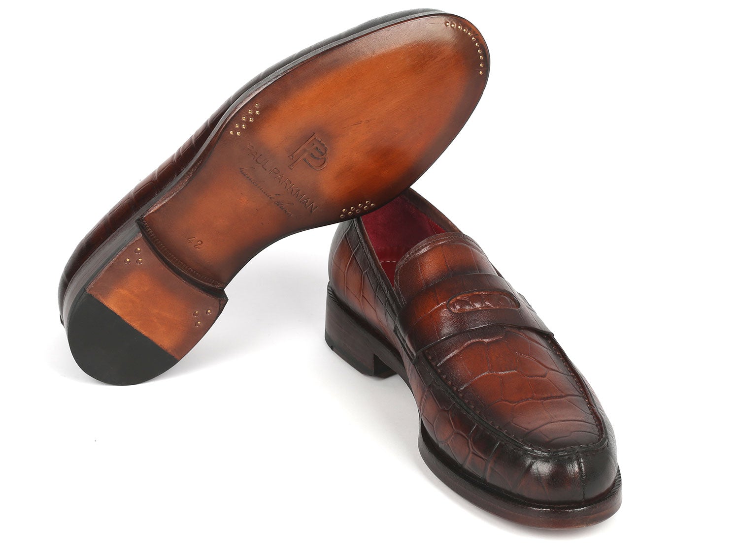 Paul Parkman Brown Crocodile Embossed Calfskin Penny Loafers (ID