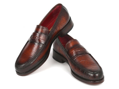 Paul Parkman Brown Crocodile Embossed Calfskin Penny Loafers (ID