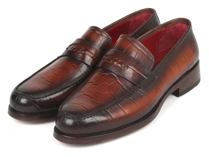 Paul Parkman Brown Crocodile Embossed Calfskin Penny Loafers (ID