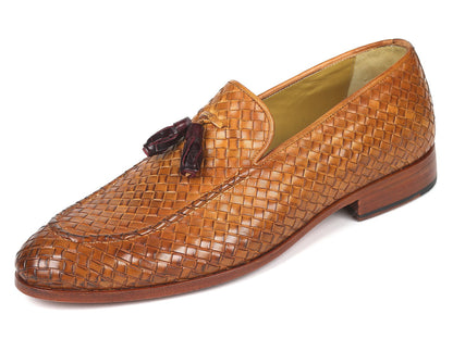 Paul Parkman Woven Leather Tassel Loafers Camel Colour  (ID