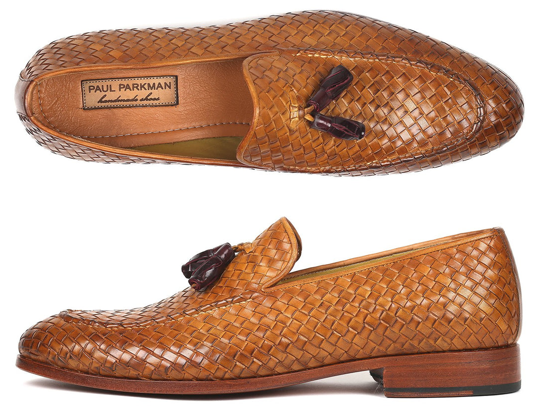 Paul Parkman Woven Leather Tassel Loafers Camel Colour (ID