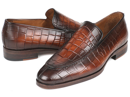 Paul Parkman Brown Burnished Crocodile Embossed Calfskin Loafer (ID