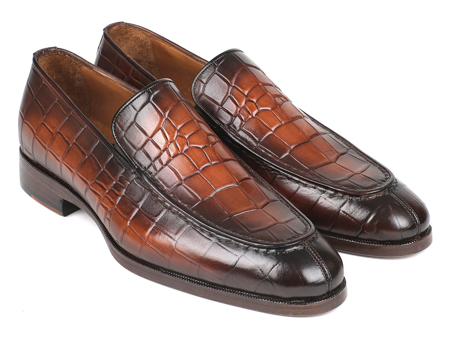 Paul Parkman Brown Burnished Crocodile Embossed Calfskin Loafer (ID