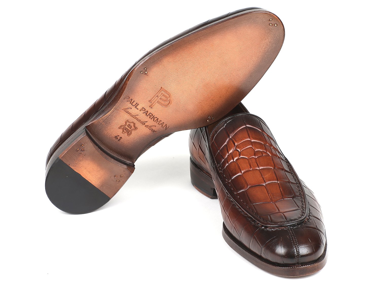 Paul Parkman Brown Burnished Crocodile Embossed Calfskin Loafer (ID