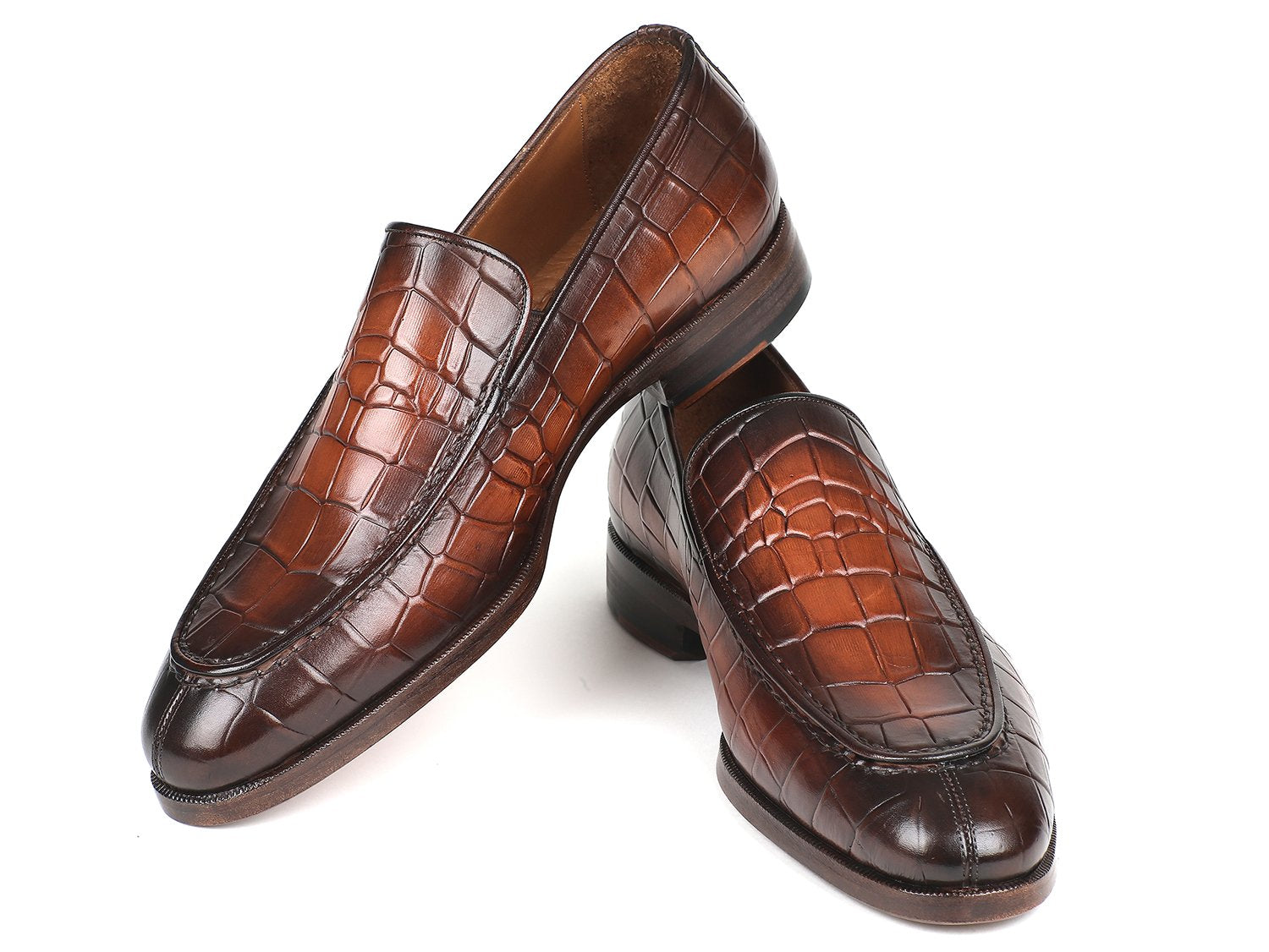 Paul Parkman Brown Burnished Crocodile Embossed Calfskin Loafer (ID